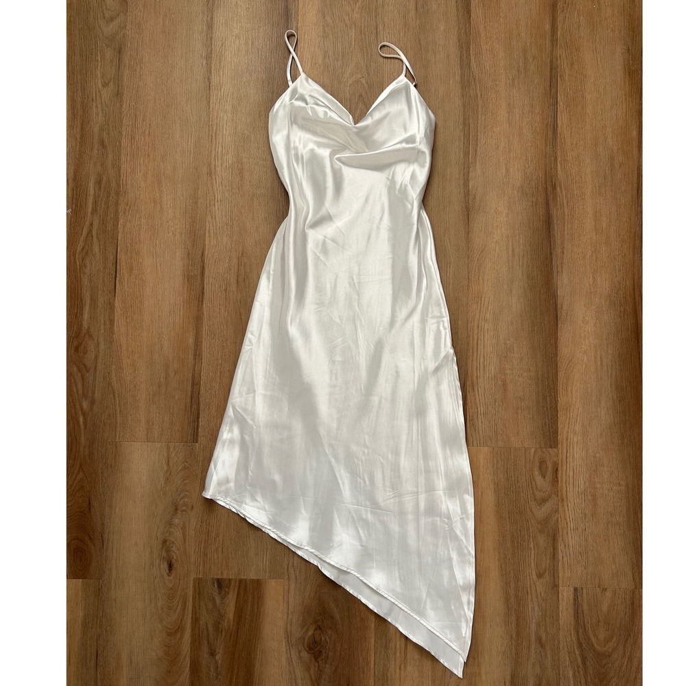 Vtg white slip dress asymmetrical midi maxi silky dress bride wedding S - Picture 1 of 6